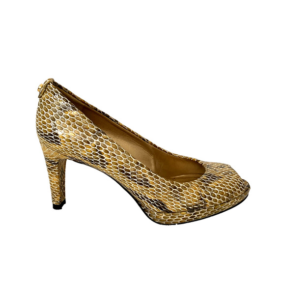 Stuart Weitzman Logo Plainfield Pump Beige Snake Embossed Patent Leather Peep 7 - Picture 2 of 9